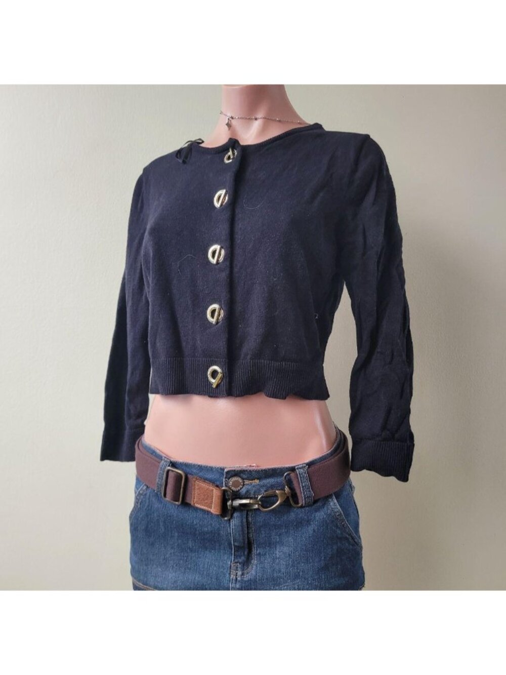 Calvin Klein Unique Metallic Chain Accent 3/4 Sleeve Black Knit Cardigan Top (M) - Picture 2 of 6